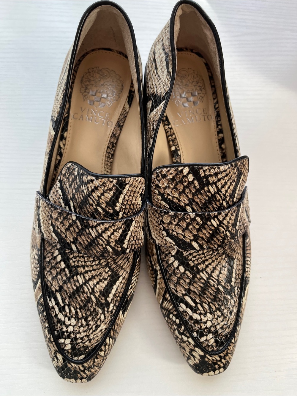 Vince Camuto Snake-Print Penny Loafers in Beige and Black